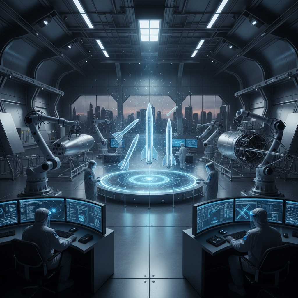Engineers and robotic arms work in a futuristic high-tech facility with holographic rocket models projected from a central platform.