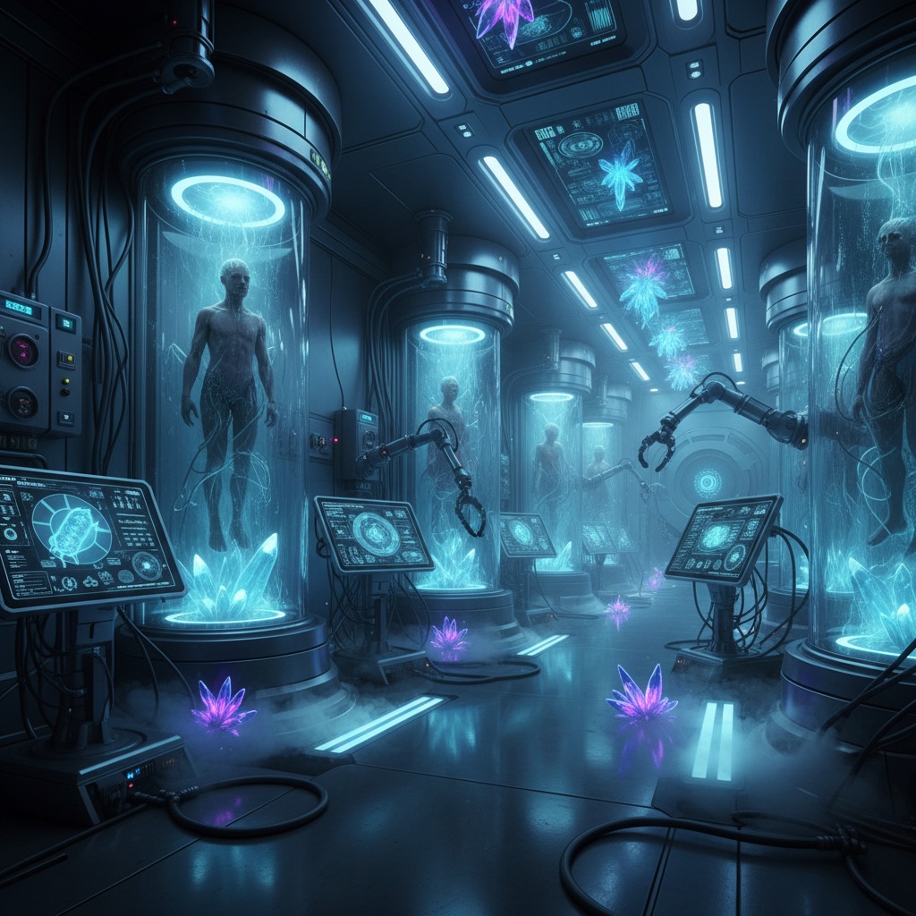 Futuristic laboratory filled with tall glass containment cylinders holding human figures amidst glowing blue and purple lights.