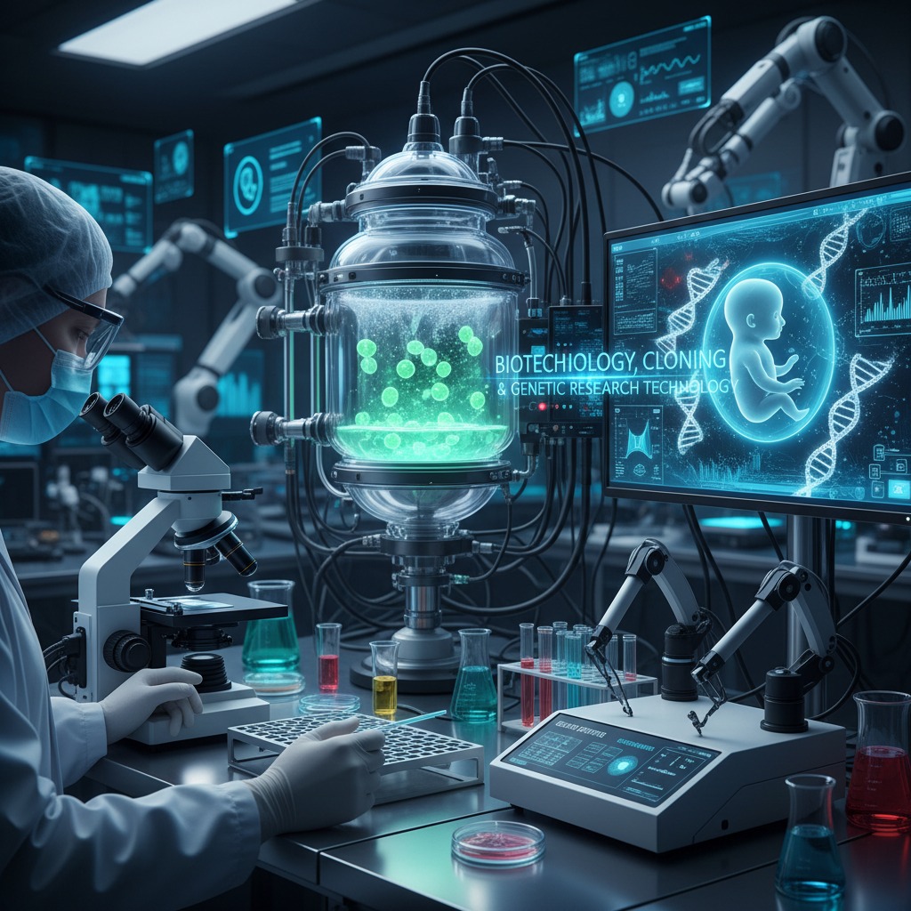 A scientist in a lab coat and safety mask works with a large glass bioreactor containing glowing green cells and a computer screen displaying DNA strands and a human fetus.