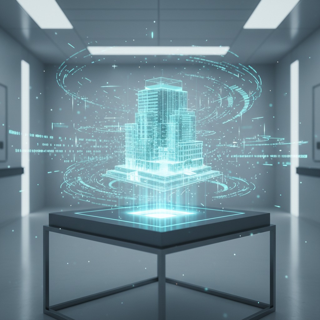 A glowing blue holographic model of a multi-story building floats above a modern display table in a brightly lit room.