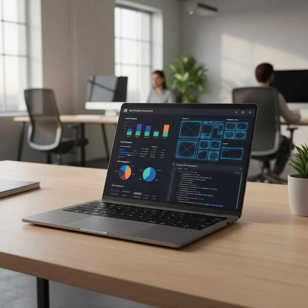 A laptop displaying dashboard analytics and code sits on a wooden desk in an office with coworkers in the background.
