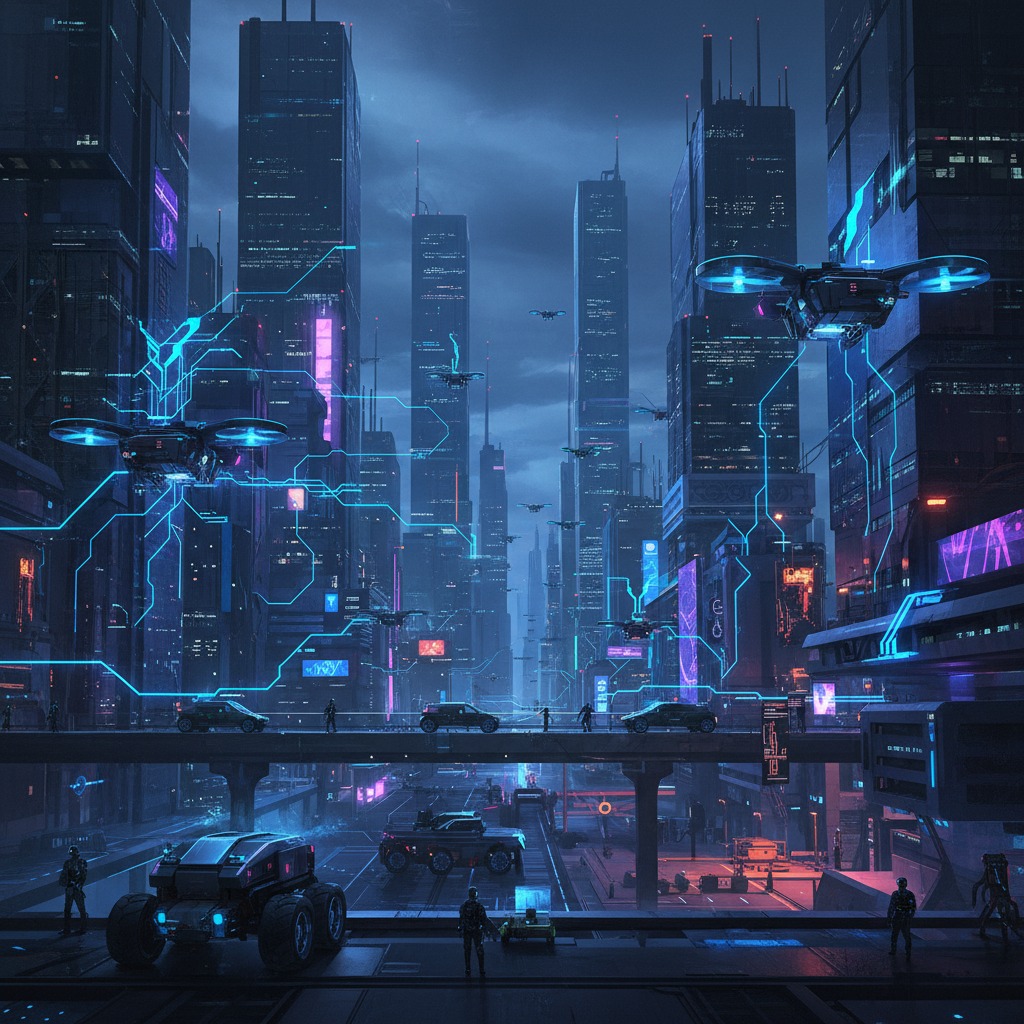 Flying drones and glowing blue circuits connect towering skyscrapers in a futuristic cyberpunk city at dusk.