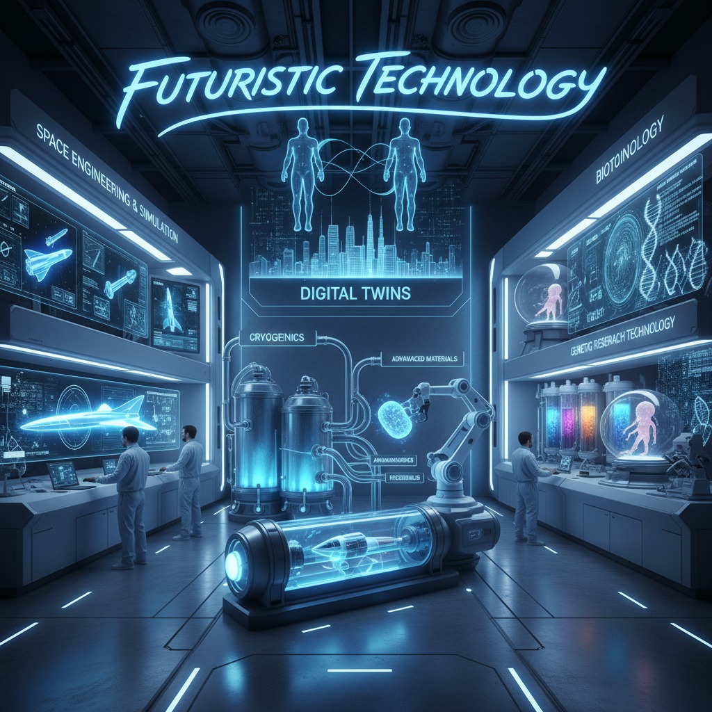A futuristic research laboratory features blue holographic displays, cryogenics equipment, and robotic arms monitored by scientists.