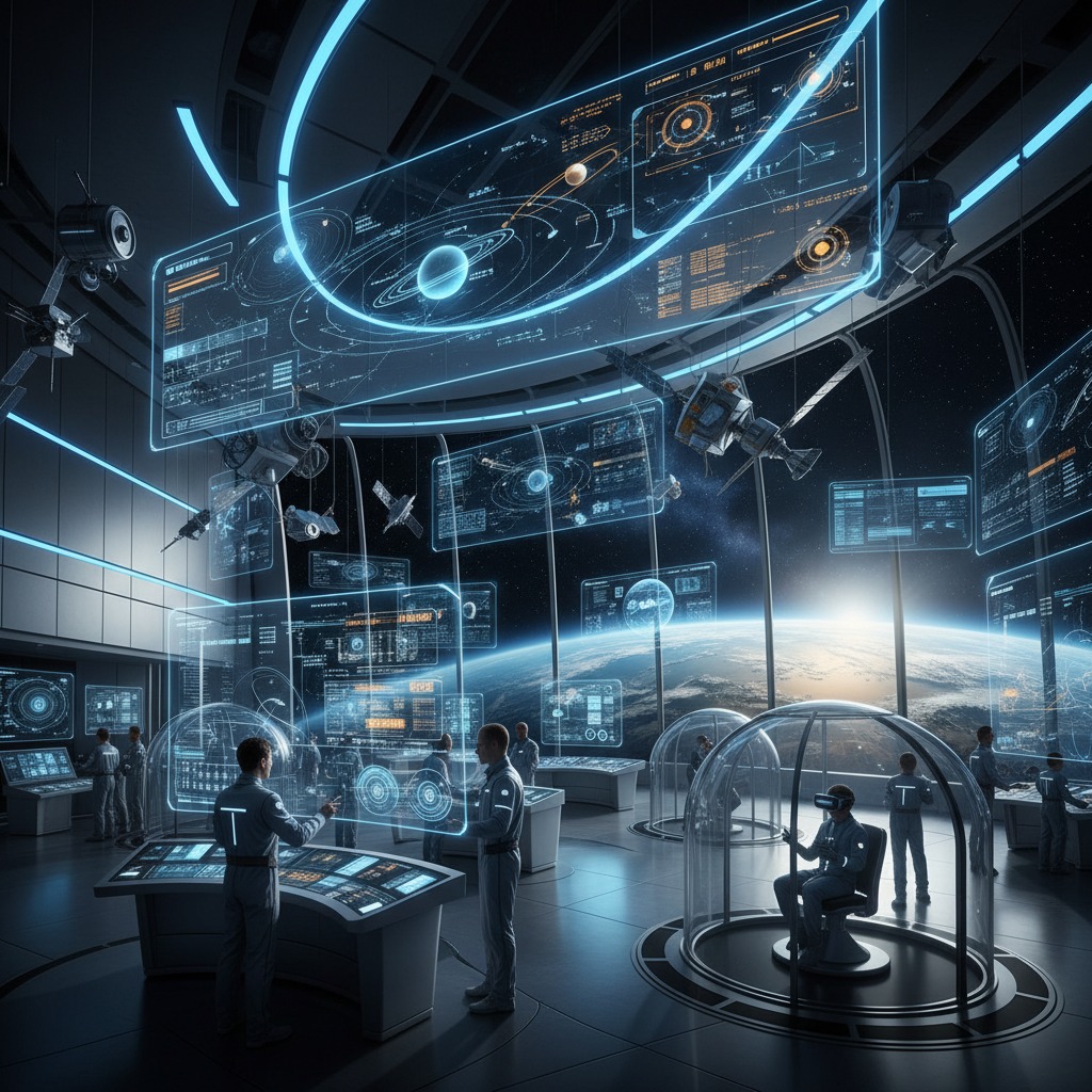 Astronauts in a futuristic space station monitor Earth through large windows alongside glowing holographic displays.